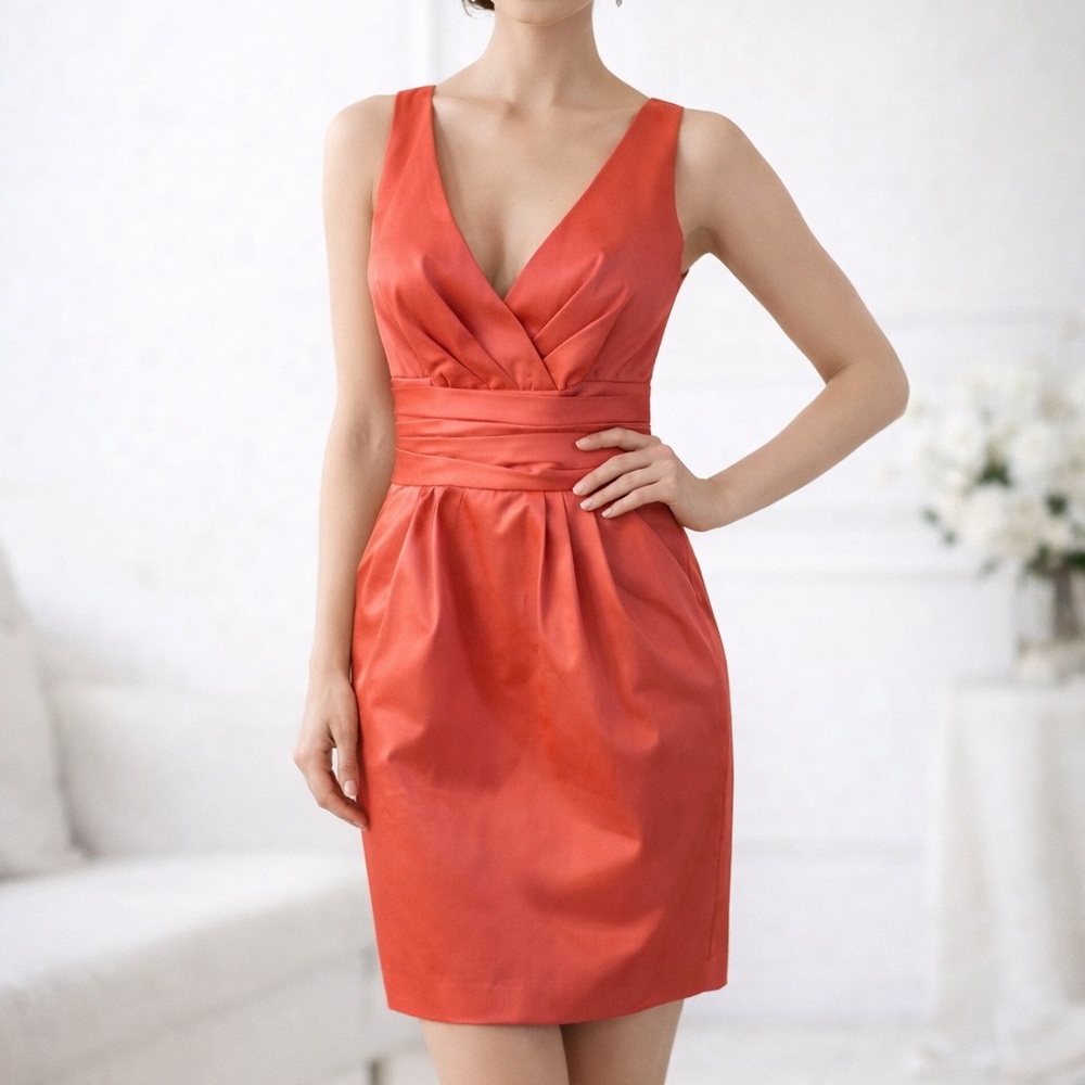 David's Bridal Bold “Guava” colored Mini Dress